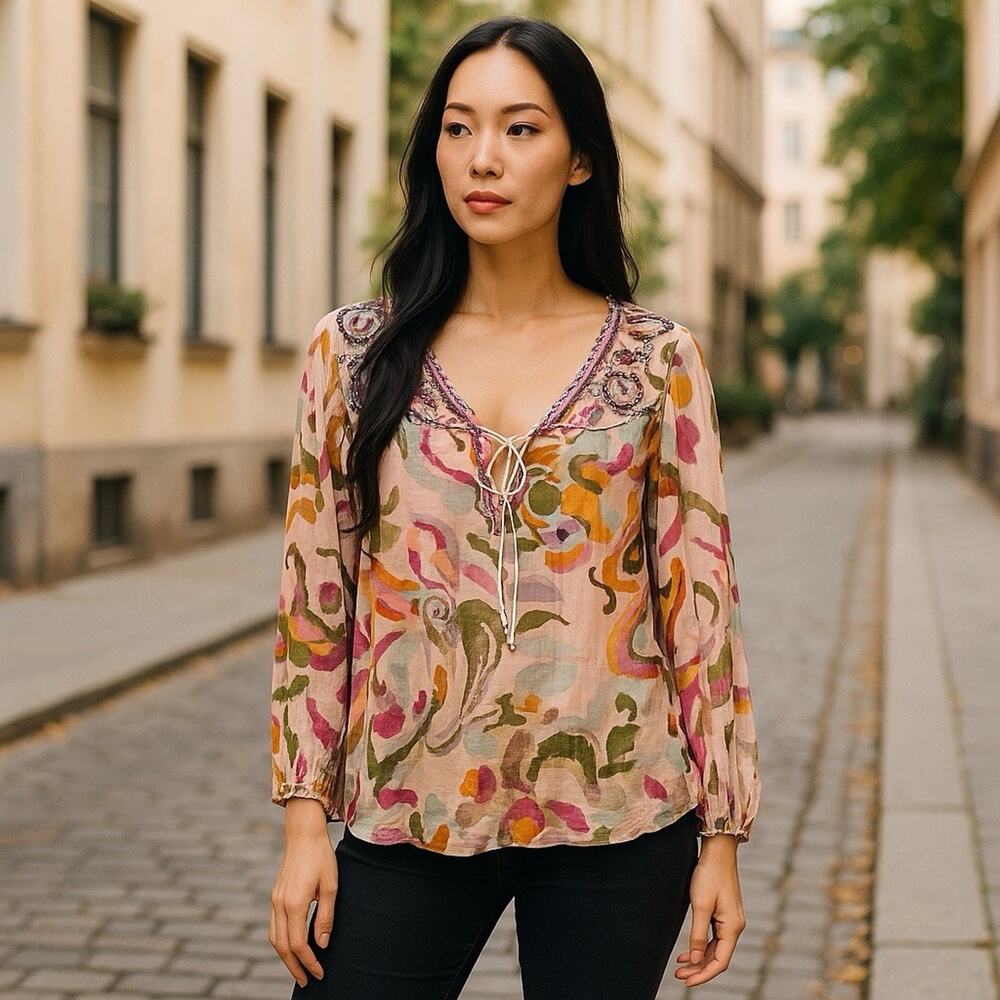 Antik Batik Multicolor Floral Paisley V-Neck Blouse